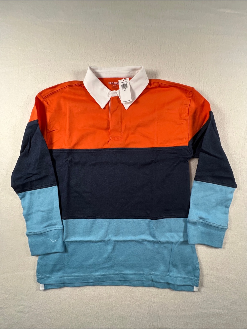 Old Navy Boys Colorblock Rugby Shirt - Orange/Navy/Light Blue with White Collar
